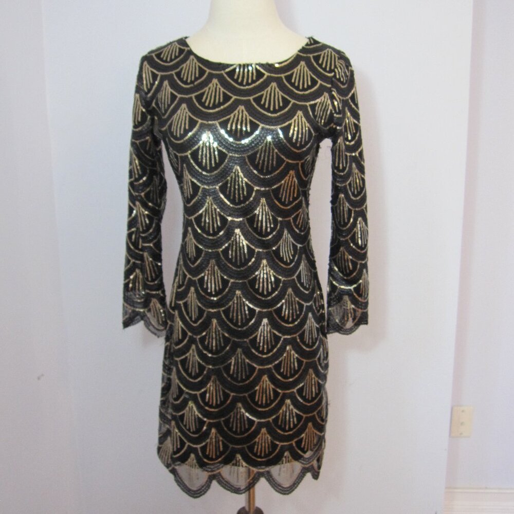 Gianni Bini Art Deco Gatsby Sequined Cocktail Mini Dress, Black - Size S